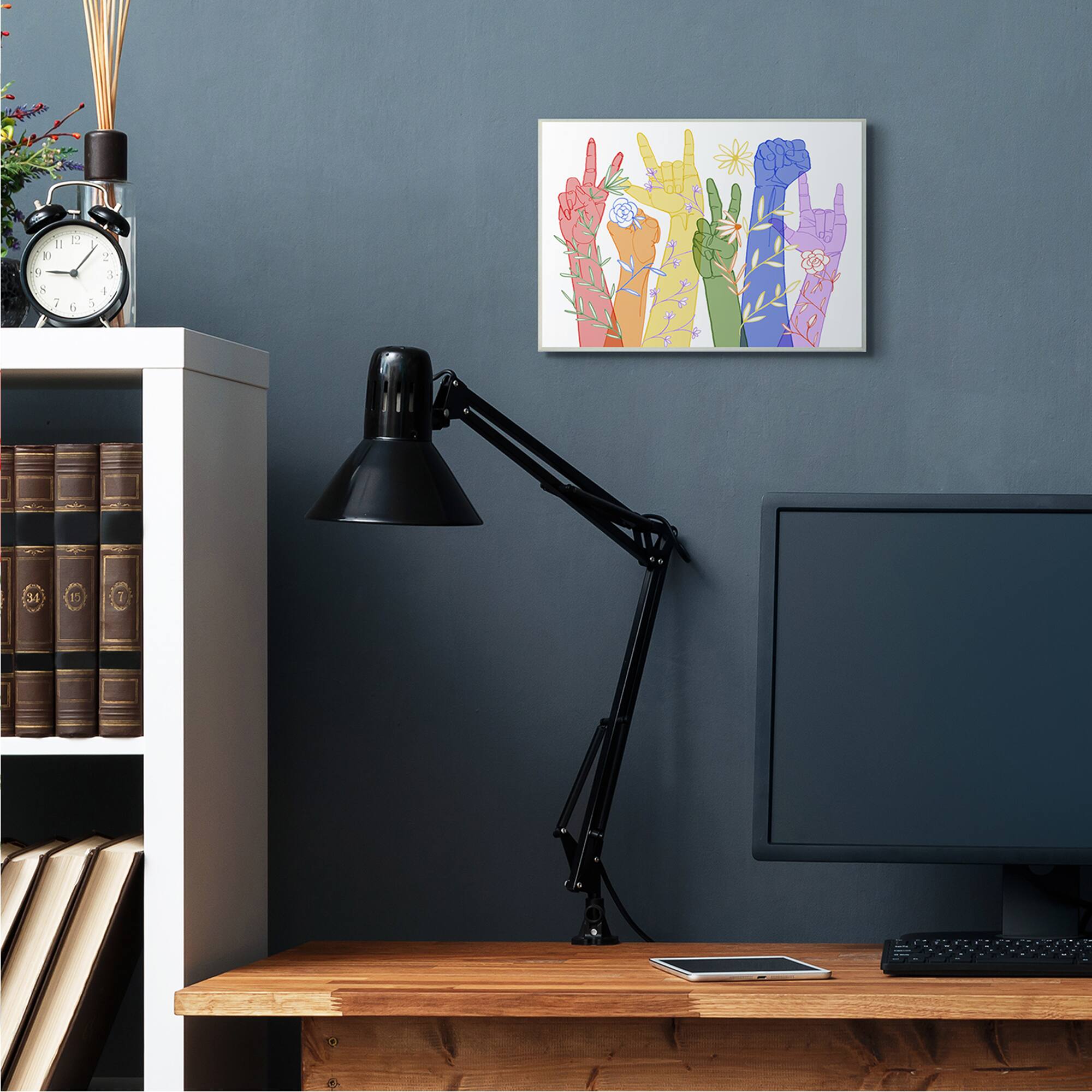 Stupell Industries Rainbow Peace Love Caring Hand Signs ASL Wood Wall Plaque